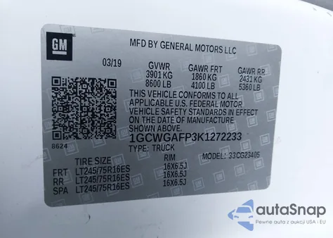 2019 Chevrolet Express 2500 Work Van из США, поврежденный, VIN 1GCWGAFP3K1272233